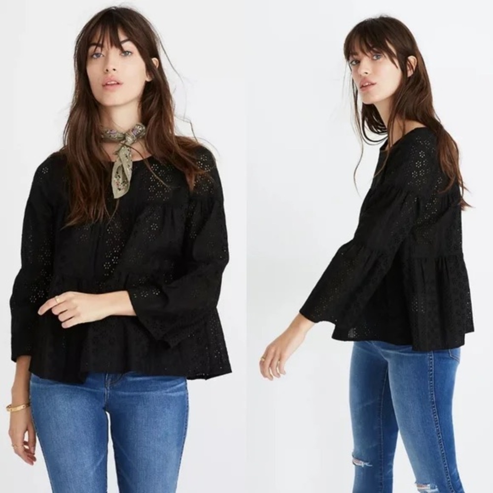 Madewell Black Eyelet Smock Peplum 3/4 Blouse Top XS